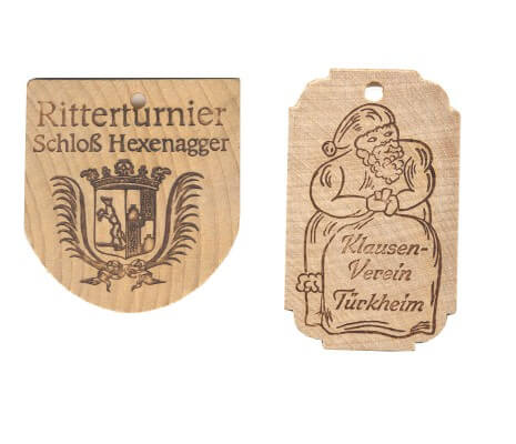 Wooden festival tokens with burnt-in motive