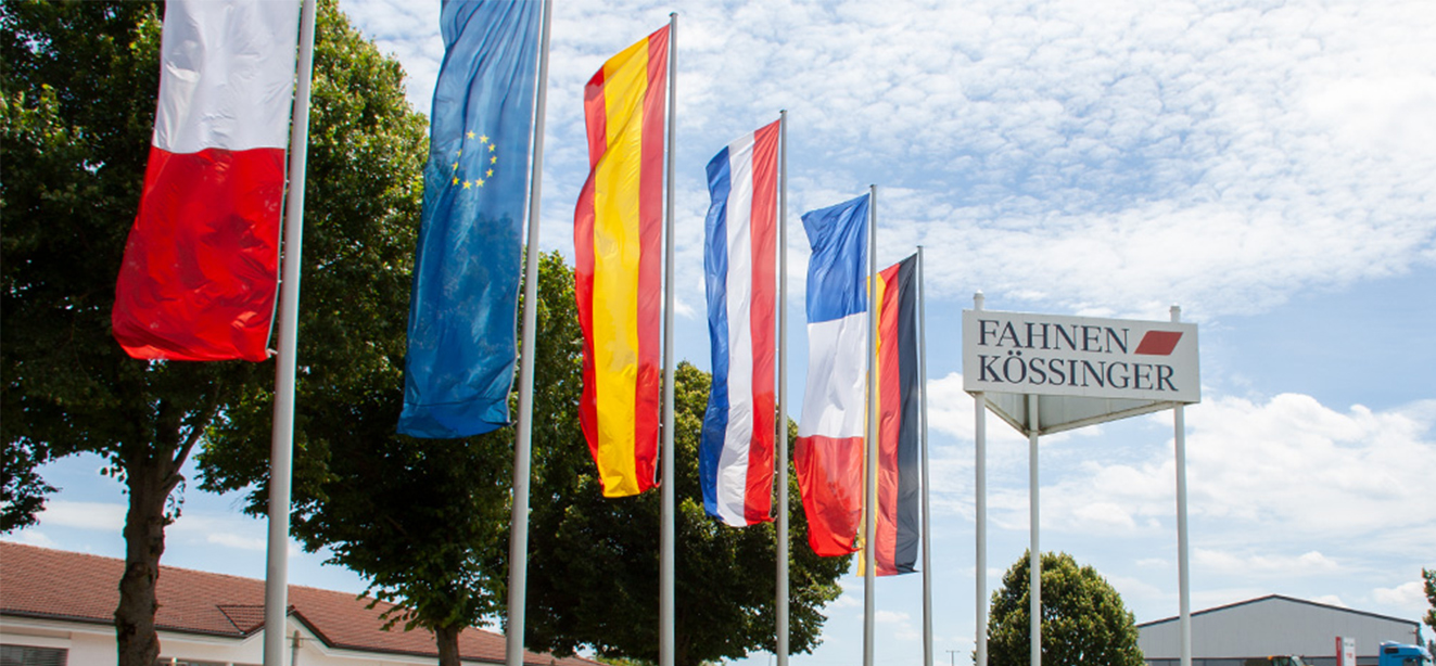 Country flags on flagpoles