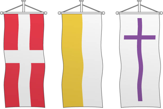 Kirchenfahnen: Kirchweihfahne, Römisch-Katholische Bannerfahne und Evangelisch-Lutherische Bannerfahne Kirchenfahnen Motiv Kirchweihfahne (Zachäusfahne) Römisch-Katholisch in gelb-weiß und Evangelisch-Lutherisch