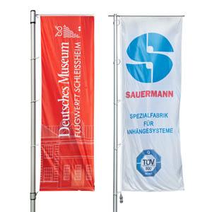 Auslegerfahnen - Hissfahnen im Hochformat mit Karabinerhaken und Hohlsaum für Ausleger Auslegerfahnen