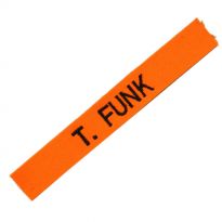 textile name tag in orange, one text line