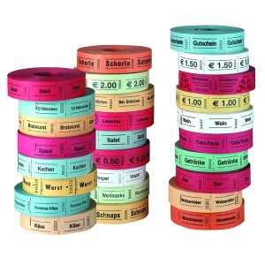 Paper tickets on rolls in different colors with a variety of printings