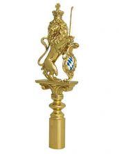 Flag finial with standing lion, rhomb crest, crown, and sword