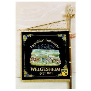 Elaborately embroidered home side with big picture of the municipality of Welgesheim