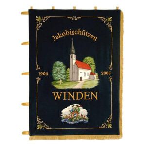 Ortsmotiv mit Gauwappen auf der Ortsseite der Schützenstandarte von Winden