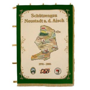 Landkarte des Schützengaus mit prägnanten Ortsmotiven auf der Standarte im Hochformat