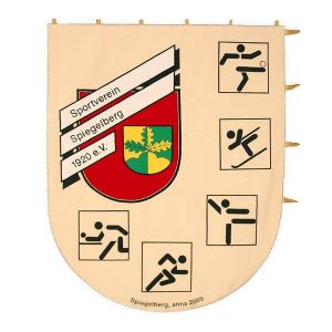 Crest-shaped printed sports club standard with pictograms