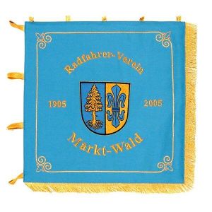 Standard of the cyclers' club with municipality crest and writing in gold metallic