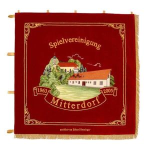 Elaborately embroidered town view with scroll on the standard of the players'coalition