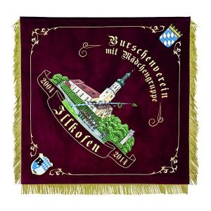 Fraternity club flag town view with elaborate scene of erecting the maypole