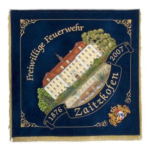 Firebrigade flag with old Bavarian lions' crest as corner ornament