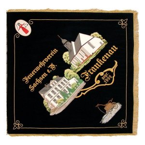 Two representative buildings on the firebrigade club flag of Sachsen