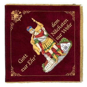 Saint Florian on the home side of the firebrigade flag with church and fire station