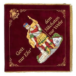 Saint Florian on the home side of the firebrigade flag with church and fire station