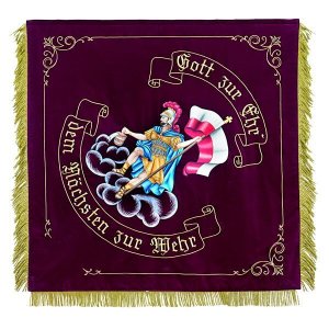 Saint Florian on a cloud with bucket and flag