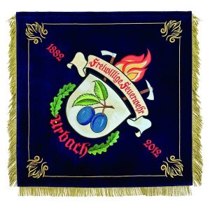 Red embroidered writing on big area motive of the firebrigade flag of Urbach