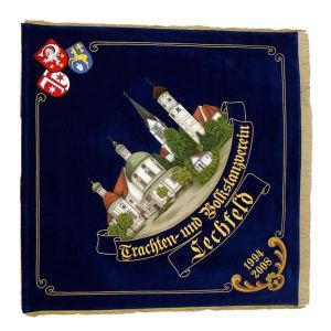 Ortsansicht von Lechfeld mit Wappen und handgestickter Schrift