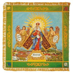 Madonna with angels above town view of Miesbach on traditional flag of the HVTEV