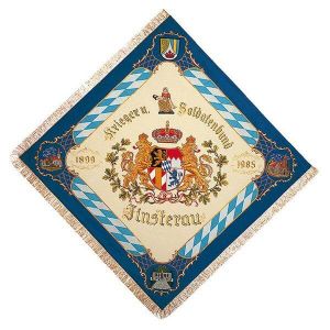 Flag of warriors' association with old Bavarian crest and many elaborate corner motives