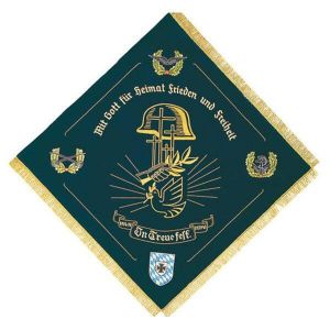 Stylized warrior motive in the center, army, marine, and airforce in the corners