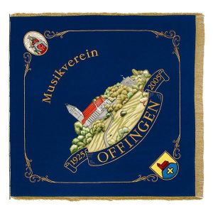 Ortsbild mit Landschaft, darüber Madonna, darunter das Gemeindewappen auf der Ortsseite