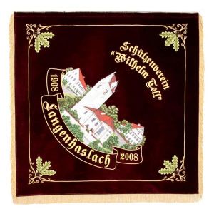 Elaborate town view on shooting club flag with oak leaves ornamentation