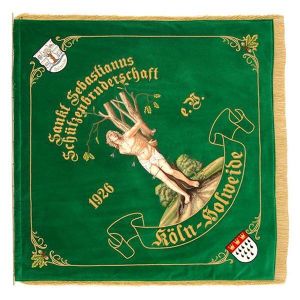 Hl. Sebastian auf einer Schützenbruderschaft Fahne mit Wappen und Eichenlaub