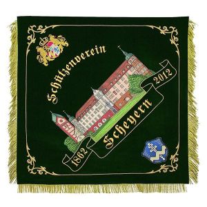 Castle view and old Bavarian crest with lions on shooting club flag of Scheyern