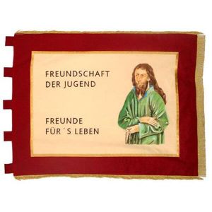 Rectangular Fahne of the rural youth movement with slogan about friendship and the figure of a saint