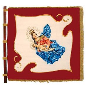 Wonderfully embroidered madonna with child on two-colored club flag of a rural youth movement