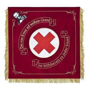 Red Cross club flag with big logo and picture of the founder