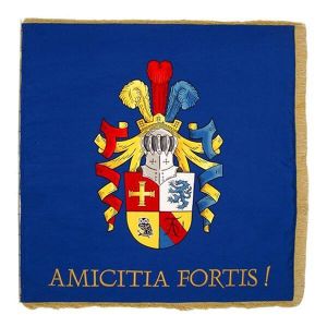 Flag of a students' fraternity with crest and Latin slogan