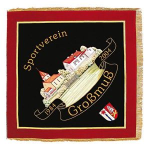 Big embroidered town view on embroidered club flag of sports club