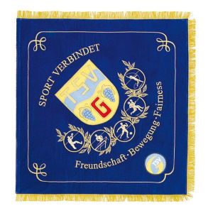 Ortsseite mit Gemeindewappen und darunter angeordneten Sportarten in Ornamentik